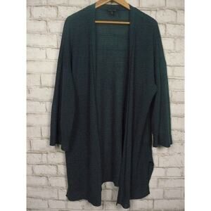 Eileen Fisher Green 3/4 Sleeve Ribbed Open Front Organic Linen Cardigan L NEW